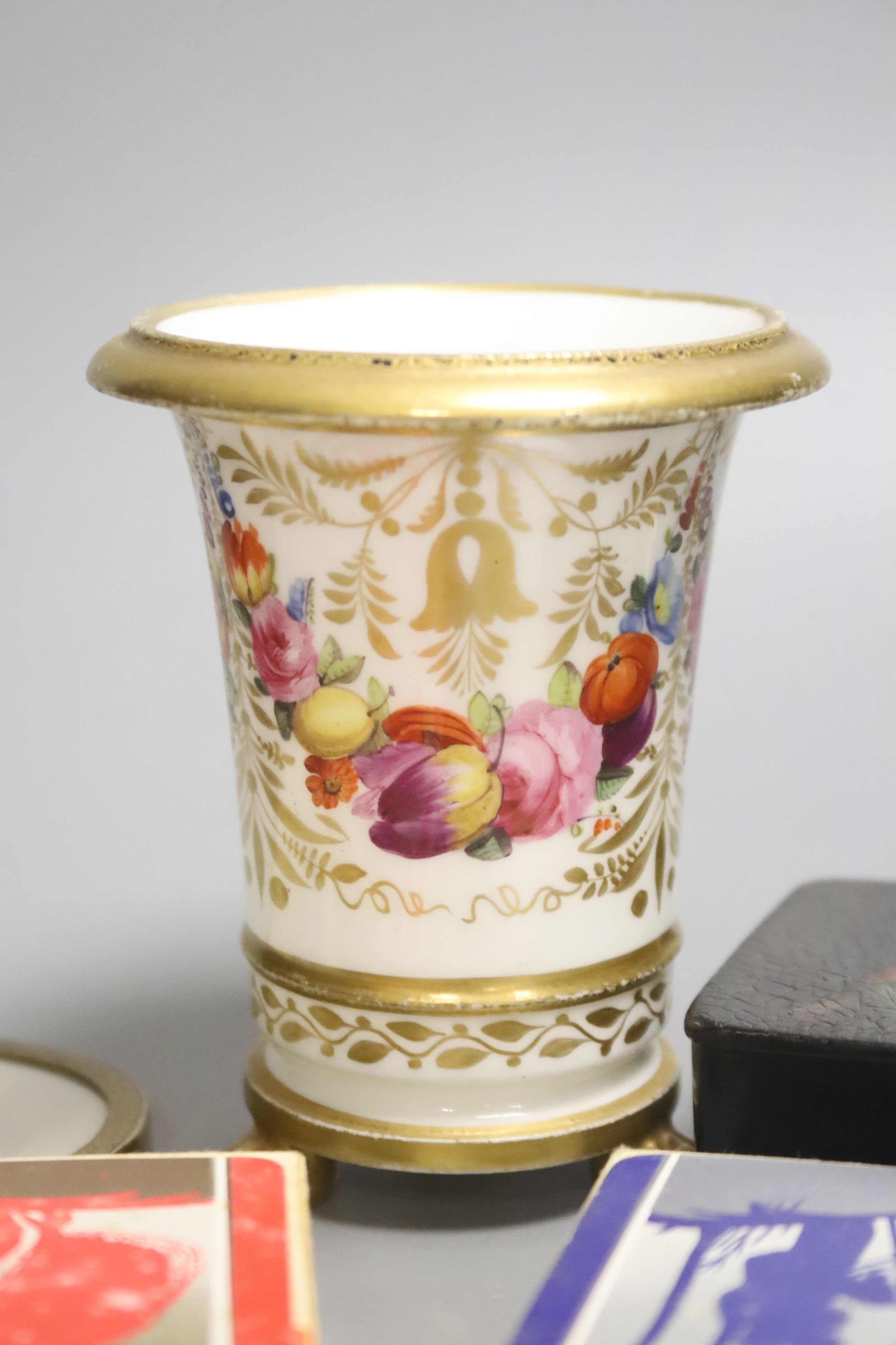 A group of curios including a card box, opera glasses, a papier mache snuff box, a Derby style vase and M. Pitcairn miniature of flowers